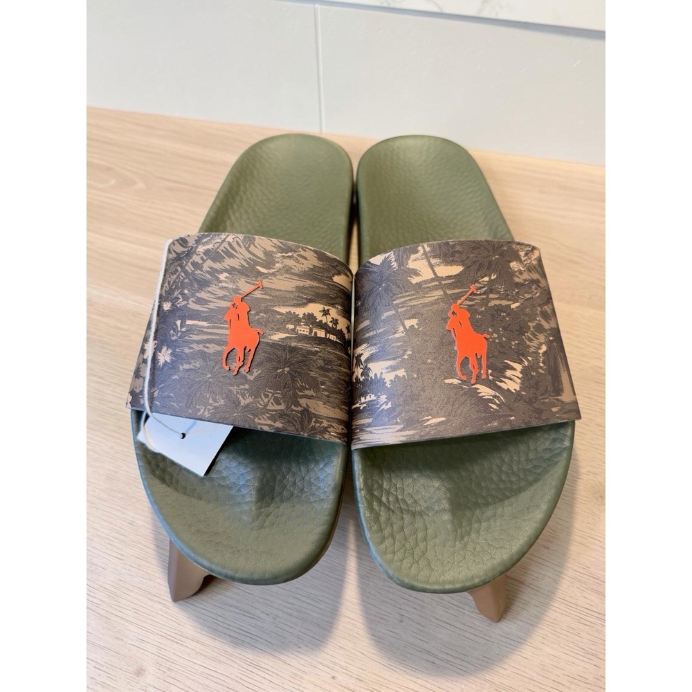 Polo Ralph Lauren Camo Tropical Pony Slide Sandals Men's 12 Green NWT Summer
